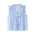 Women's Summer Sleeveless V-Neck Ruffle Blouse Sweet Tiered Decorative Sky Blue Polyester Spandex Lightweight Casual Top For Daily Vacation