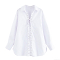 Women's Casual Long Sleeve Blouse Cotton Blend Lace-Up Drawstring Shirt Turn-Down Collar Loose Pullover Top Solid Color Daily Minimalist Summer Fashion Streetwear