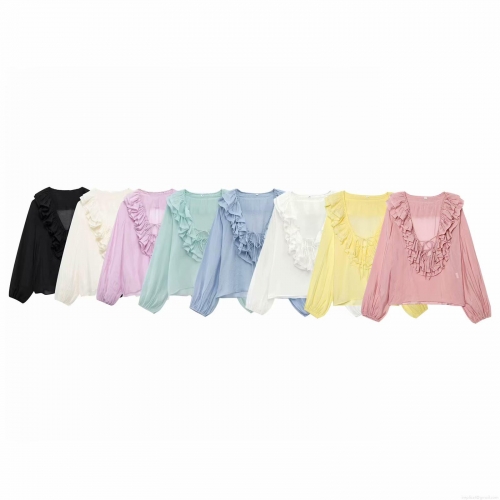 Women Casual Long Sleeve Chiffon Blouse V Neck Ruffle Tiered Solid Color Loose Fit Tie Neck Fashion Summer Shirt For Ladies