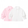 Women Puff Sleeve Button Down Shirt Polyester Cotton Blend Summer Sweet Minimalist Turn-down Collar Solid Striped Blouse Top Casual Fashion Ladies Clothing