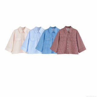 Women's Fashion Vertical Striped Shirt Loose Casual Short Blouse With Pockets Polyester Spandex Long Sleeve Button Down Top For Summer Daily Office Wear