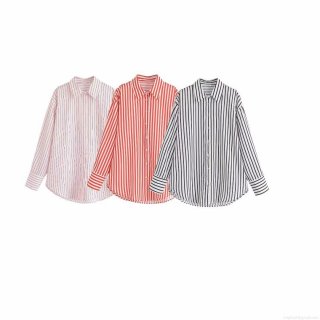Women's Casual Loose Vertical Striped Shirt Turn-Down Collar Long Sleeve Single-Breasted Polyester Spandex Blouse Daily Commuting Spring Summer Top