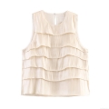Elegant Women Sleeveless Layered Ruffle Satin Blouse Simple Solid Color Round Neck Tiered Tank Top For Party Date Summer Fashion Glossy Polyester Fabric