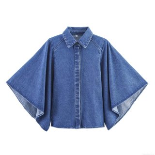 Women's Modern Casual Loose Denim Blouse Kimono Style Batwing Sleeve Shirt Single Breasted Cotton Denim Top For Women Fashion Daily Wear