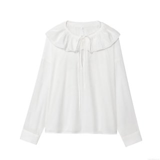 Women Sweet Elegant Ruffle Peter Pan Collar Blouse Slub Cotton Polyester Blend Long Sleeve Solid Color Button Down Tie Front Shirt For Women