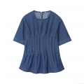 Women's Fashion Casual Round Neck Short Sleeve Pleated Waist Denim Top Washed Denim Blouse Slim Fit Summer Solid Color Top For Women