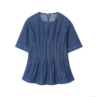 Women's Fashion Casual Round Neck Short Sleeve Pleated Waist Denim Top Washed Denim Blouse Slim Fit Summer Solid Color Top For Women