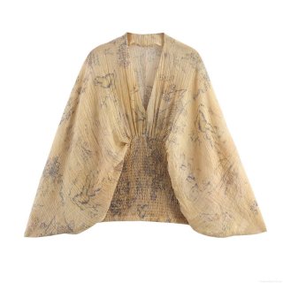 Women's Summer Elegant V-Neck Long Sleeve Blouse Vintage Floral Print Elastic Waist Pleated Kimono Top Ginger Yellow Casual Shirt