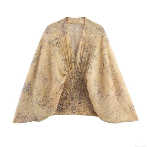 Women's Summer Elegant V-Neck Long Sleeve Blouse Vintage Floral Print Elastic Waist Pleated Kimono Top Ginger Yellow Casual Shirt