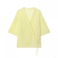 Women Kimono Style Striped Cardigan Top Slub Cotton Blend Cross V-Neck Tie Side Bow Vertical Stripes Summer Casual Vacation Lightweight Blouse