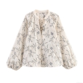 Women's Retro Bohemian Floral Embroidered Blouse Cotton Linen Blend V Neck Tie Front Long Lantern Sleeve Loose Fit Casual Shirt Tops