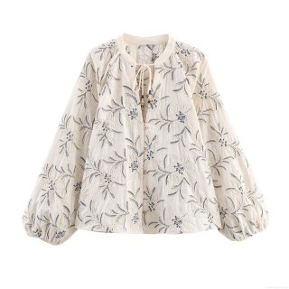 Women's Retro Bohemian Floral Embroidered Blouse Cotton Linen Blend V Neck Tie Front Long Lantern Sleeve Loose Fit Casual Shirt Tops