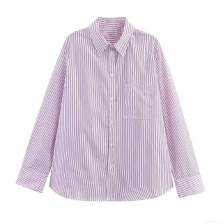 Women's Casual Striped Poplin Shirt Fashion Loose Long Sleeve Button Down Blouse With Chest Pocket For Everyday Office Autumn Spring Wear Comfortable Soft Lightweight Top