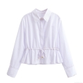 Women's White Long Sleeve Shirt Polyester Drawstring Waist Contrast Stitching Lapel Single Breasted Blouse For Women Minimalist Sweet Casual Commute Top