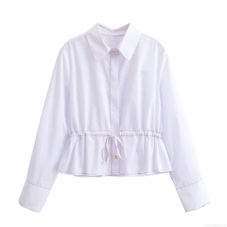 Women's White Long Sleeve Shirt Polyester Drawstring Waist Contrast Stitching Lapel Single Breasted Blouse For Women Minimalist Sweet Casual Commute Top