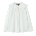 Sweet White Peter Pan Collar Ruffle Blouse With Bow Tie Long Sleeve Polyester Spandex Loose Shirt For Women Daily Casual Autumn Tops