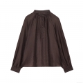 Elegant Women Tencel Blend Translucent Blouse Stand Collar Long Bubble Sleeve Solid Coffee Shirt Minimalist Casual Glossy Top for Autumn