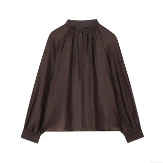 Elegant Women Tencel Blend Translucent Blouse Stand Collar Long Bubble Sleeve Solid Coffee Shirt Minimalist Casual Glossy Top for Autumn