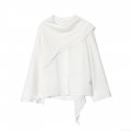 Elegant White Long Sleeve Lurex Cotton Blouse For Women Cape Collar Layered Design Minimalist Commute Style Office Shirt Top