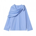 Women's Casual Striped Long Sleeve Blouse Asymmetric Pleated Collar Side Tie Shirt Polyester Blend Relaxed Fit Top For Daily Commute Autumn Wear