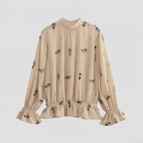Women's Elegant Sequin Floral Chiffon Blouse Long Sleeve Stand Collar Ruffle Hem Top For Party Evening Casual Ladies Beige Apricot Shirt