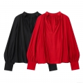 Women's Satin Blouse V-Neck Pleated Lantern Sleeve Pullover Top Solid Color Casual Loose Fit Long Sleeve Shirt For Women Office Daily Wear