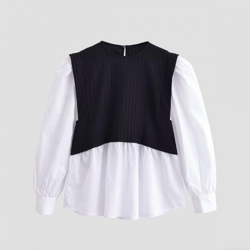 Elegant Women's Contrast Color Patchwork Fake Two-Piece Blouse 100% Polyester Round Neck Long Lantern Sleeve Pleated Top for Daily Office Wear