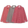 Women Fashion Stripe Poplin Shirt Beaded Lapel Long Sleeve Cotton Blend Blouse Casual Elegant Button Down Tops For Daily Commuting Office Wear