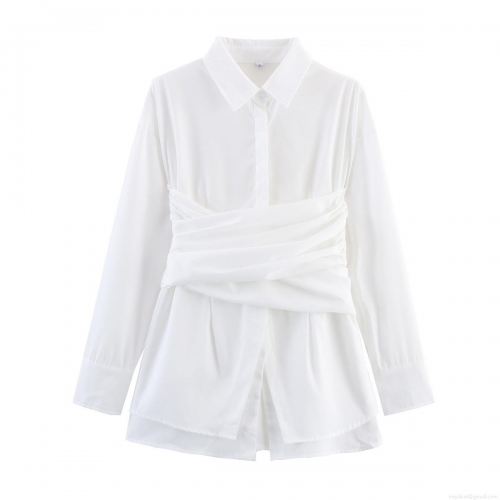 Women's Elegant 100% Polyester Long Sleeve Blouse Shirt With Waist-Cinched Pleated Tie Bow Design Solid Color Slim Fit Tops For Office Commute Ladies