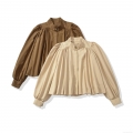 Women's Casual Pleated Lantern Sleeve Stand Collar Blouse British Style Cotton Blend Solid Color Button Down Top For Autumn Daily Wear