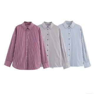 Women's Casual Striped Long Sleeve Blouse Poplin Button Down Shirt Office Commute Loose Fit Top With Pocket Single Breasted Women Clothing