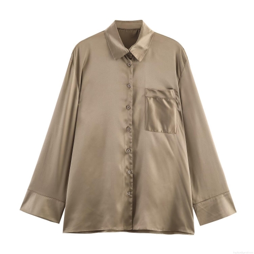 Women's Satin Silk Texture Button Down Shirt Casual Loose Long Sleeve Blouse With Chest Pocket Elegant Camel Champagne Gold Top For Office Work Daily Wear