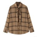 Women's Casual Plaid Blouse Long Sleeve Scarf Collar Bow Tie Shirt Polyester Spandex Loose Fit Camel Checkered Top For Daily Work Office Korean Style
