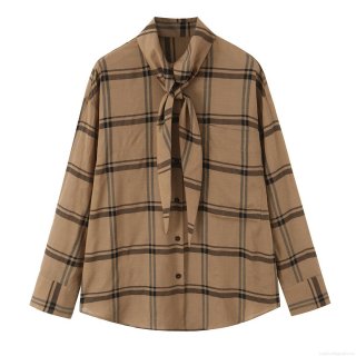 Women's Casual Plaid Blouse Long Sleeve Scarf Collar Bow Tie Shirt Polyester Spandex Loose Fit Camel Checkered Top For Daily Work Office Korean Style
