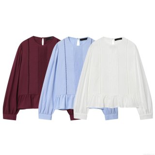 Elegant Women Round Neck Pintuck Blouse Long Sleeve Polyester Spandex Top With Hollow Out Lace And Ruffle Peplum Hem Casual Daily Shirt For Work School