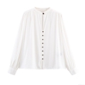 Women's Fashion Minimalist Cupro Blend Long Sleeve Blouse With Padded Shoulders Contrast Black Buttons Casual Elegant Shirt For Office Daily Wear