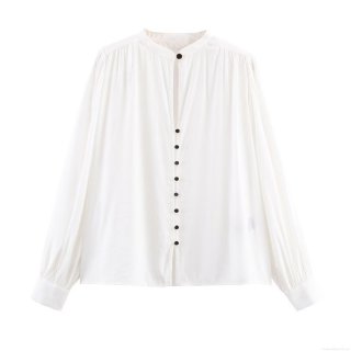 Women's Fashion Minimalist Cupro Blend Long Sleeve Blouse With Padded Shoulders Contrast Black Buttons Casual Elegant Shirt For Office Daily Wear