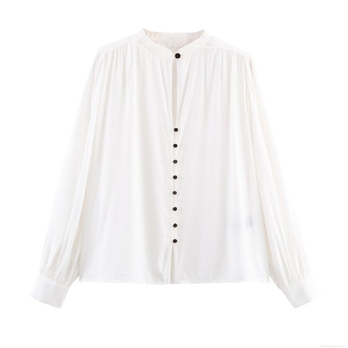 Women's Fashion Minimalist Cupro Blend Long Sleeve Blouse With Padded Shoulders Contrast Black Buttons Casual Elegant Shirt For Office Daily Wear