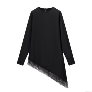 Women's Elegant Satin Woven Polyester Long Sleeve Blouse With Asymmetric Lace Hem Round Neck Casual Fashion Shirt For Party Office Ladies