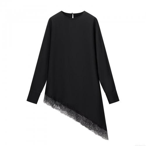 Women's Elegant Satin Woven Polyester Long Sleeve Blouse With Asymmetric Lace Hem Round Neck Casual Fashion Shirt For Party Office Ladies