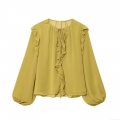 Women Elegant Chiffon Blouse Ruffle Tiered Lantern Long Sleeve Tie Neck Solid Color Loose Shirt For Autumn Ladies Office Daily Commute Casual Top