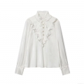 Elegant French Retro Jacquard Satin Blouse for Women Featuring Ruffle Stand Collar and Tie-Neck Vintage Long Sleeve Shirt for Office Work Party