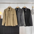 Women Loose Casual Utility Shirt Jacket Polyester Spandex Blend Long Sleeve Lapel Collar Solid Color Blouse With Double Pockets For Daily Autumn Wear Fashion Comfortable Workwear Top