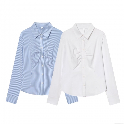Women's Long Sleeve Ruched Button Down Shirt Fashion Striped Solid Color Lapel Blouse Casual Office Slim Fit Work Tops For Women