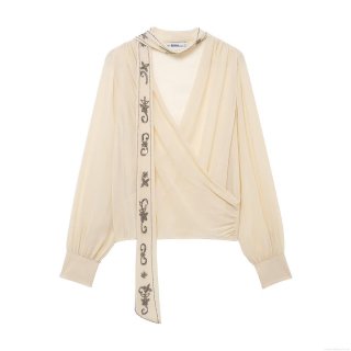 Women's Elegant Georgette Chiffon Blouse Shirt With Beaded Sequin Scarf V Neck Wrap Top Long Sleeve Fashion Apricot Office Party Shirt For Ladies