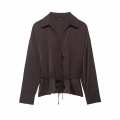 Women's Elegant Satin Silk-Like Shirt Long Sleeve V-Neck Blouse With Belt Drawstring Waist Coffee Solid Color Tops For Party Office