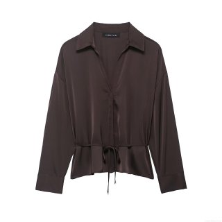 Women's Elegant Satin Silk-Like Shirt Long Sleeve V-Neck Blouse With Belt Drawstring Waist Coffee Solid Color Tops For Party Office