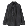 Women's Plaid Contrast Stripe Long Sleeve Shirt Bow Tie Collar Polyester Spandex Casual Blouse Top For Work Daily Autumn Winter Fashion