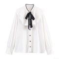 Women's Elegant Contrast Bow Tiered Decoration Blouse Long Sleeve Peter Pan Collar Polyester Spandex Blend Casual Shirt For Winter