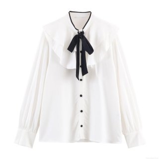 Women's Elegant Contrast Bow Tiered Decoration Blouse Long Sleeve Peter Pan Collar Polyester Spandex Blend Casual Shirt For Winter